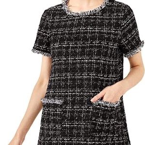 Tweed Short Sleeve Shift Tunic Dress with Pockets